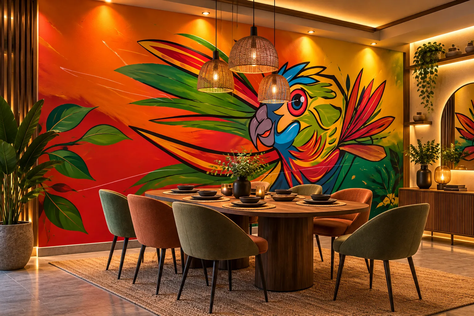 Colorful parrot mural in dining room
